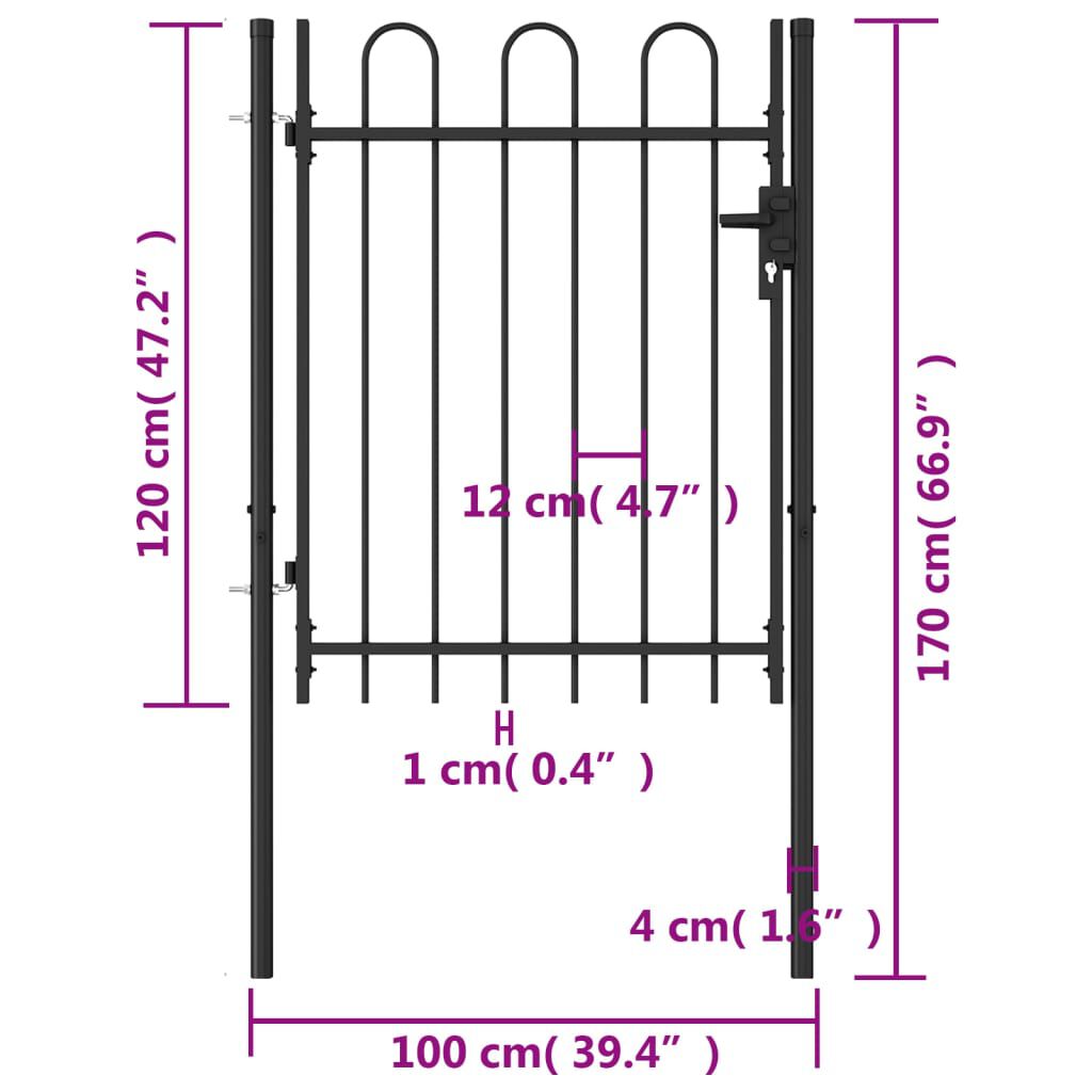 vidaXL Zauntor Einzelflügel Gewölbte Spitze Stahl 1 x 1,2 m Schwarz