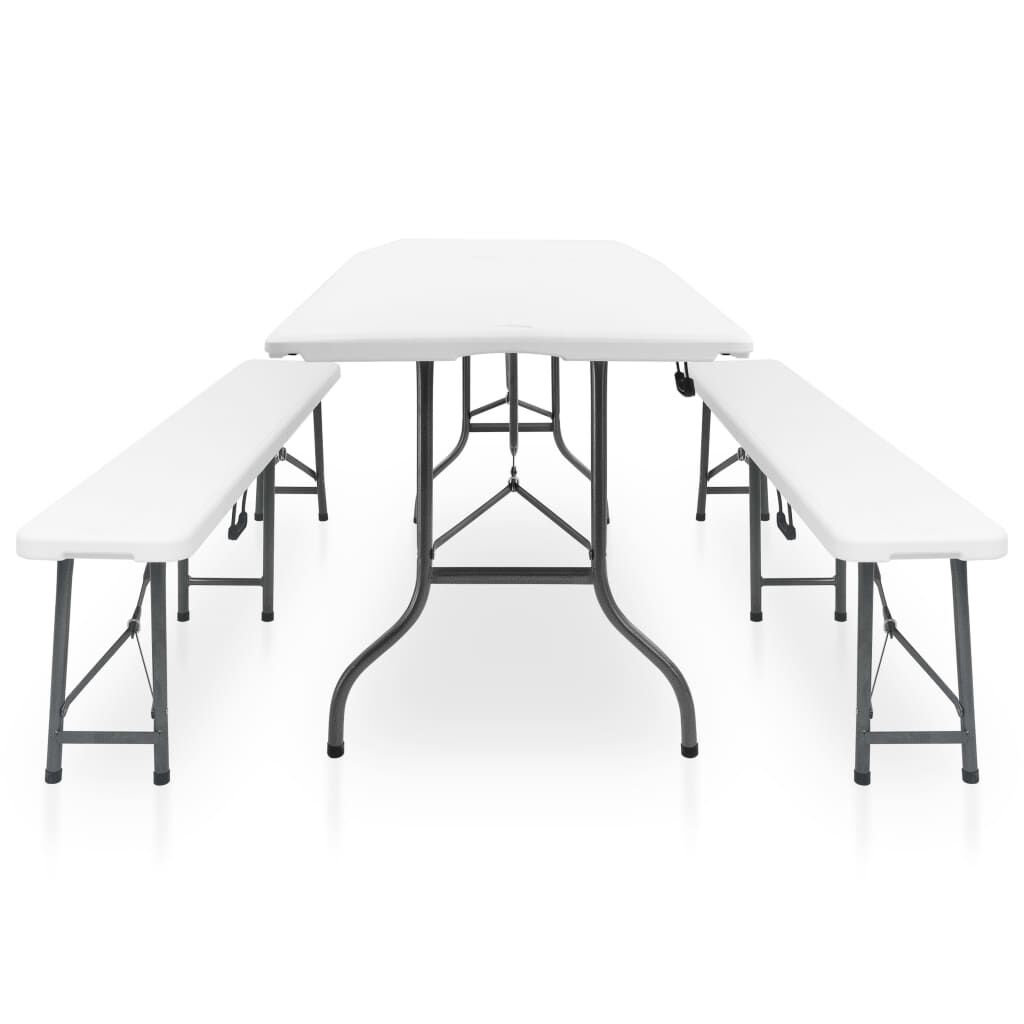 vidaXL Klappbarer Gartentisch mit 2 Bänken 180 cm Stahl und HDPE Weiß